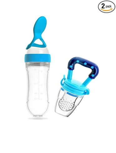 Baby Fruit Feeder and Food Feeding Spoon Ultra Soft Food Grade Silicone for Cereals for Infant Baby 3 Months Plus for Kids 6 to 12 Months (Blue Combo)