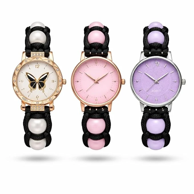 Women's Quartz Watch with Braided Rope Band and Colourful Beads, Butterfly and Floral Dial Designs, Multiple Colour Options| Stylish Beaded Strap Analog Watch for Girls | Fashion Wrist Watch | Luxury Casual Daily Wear & Gift Watch | Multicolor Variants