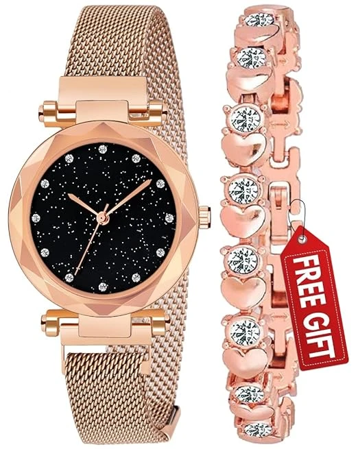 Premium Analogue Women's Rose-Gold Magnet Watch With Rosegold Bracelet With Gift Box - Metal