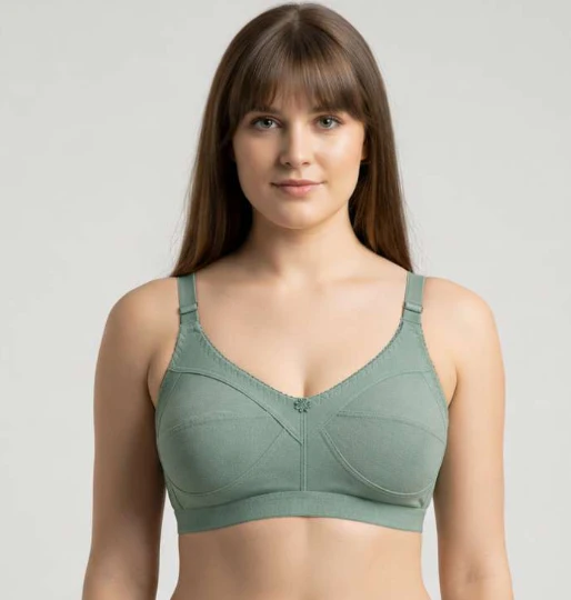 Jeenat Women's Cotton Rich Solid Non-Padded Full Cup Wire Free T-Shirt Bra in Green Size 32B