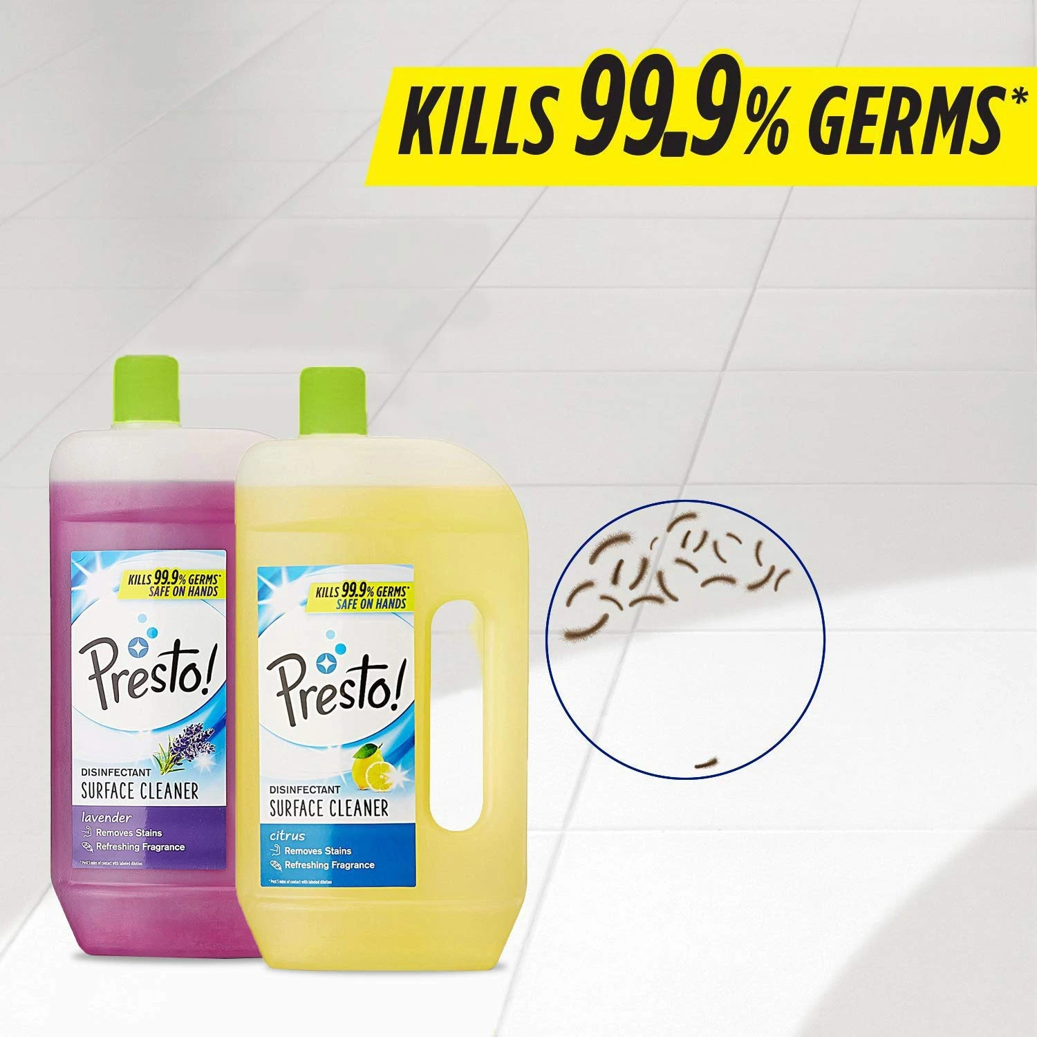 Amazon Brand - Presto! Disinfectant Surface/Floor Cleaner, Pack of 2 - (975 ml Citrus & 975ml Lavend