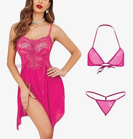 Combo of Women lace Babydoll Lingerie with Panty and Net Bikini Bra g-String Panty Lingerie Set Rose Size L