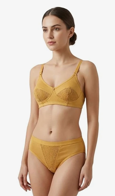 Women's Satin Lace Bra Panty Set | Non-Padded Full Coverage Bra with High Waist Panty | Everyday Summer Innerwear Set for Women Size 32