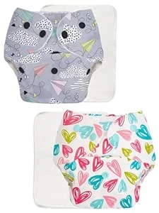 Pack of 2 Diaper + 2 Inserts, Combo Pack of Assorted Freesize Washable and reusable cloth diaper with dry feel soakers,Unisex Baby (5-17kgs)