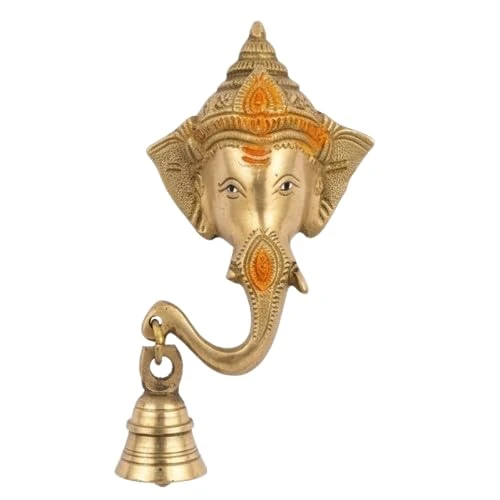 VM Store Brass Ganesha Face Wall Hanging with Bell, Gold Finish, Hindu Religious Decor Pack of 1