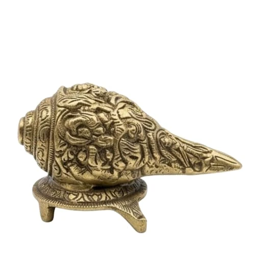VM Store Brass Conch Shell Shankh on Stand, Antique Gold Finish, Engraved Decorative Figurine Pack of 1