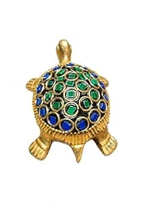 VM Store Decorative Turtle Figurine, Gold, Black with Green and Blue Gemstone Embellishments, Metal, Home Decor