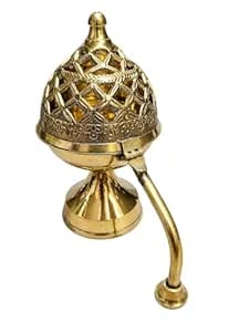VM Store Brass Incense Burner with Handle, Gold Finish, Decorative Lattice Dome, Traditional Style