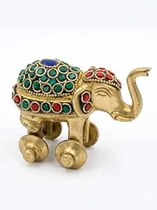VM Store Brass Elephant Figurine on Wheels, Gold, Gemstone Embellished, Traditional Indian Decor (3x4 Inch)
