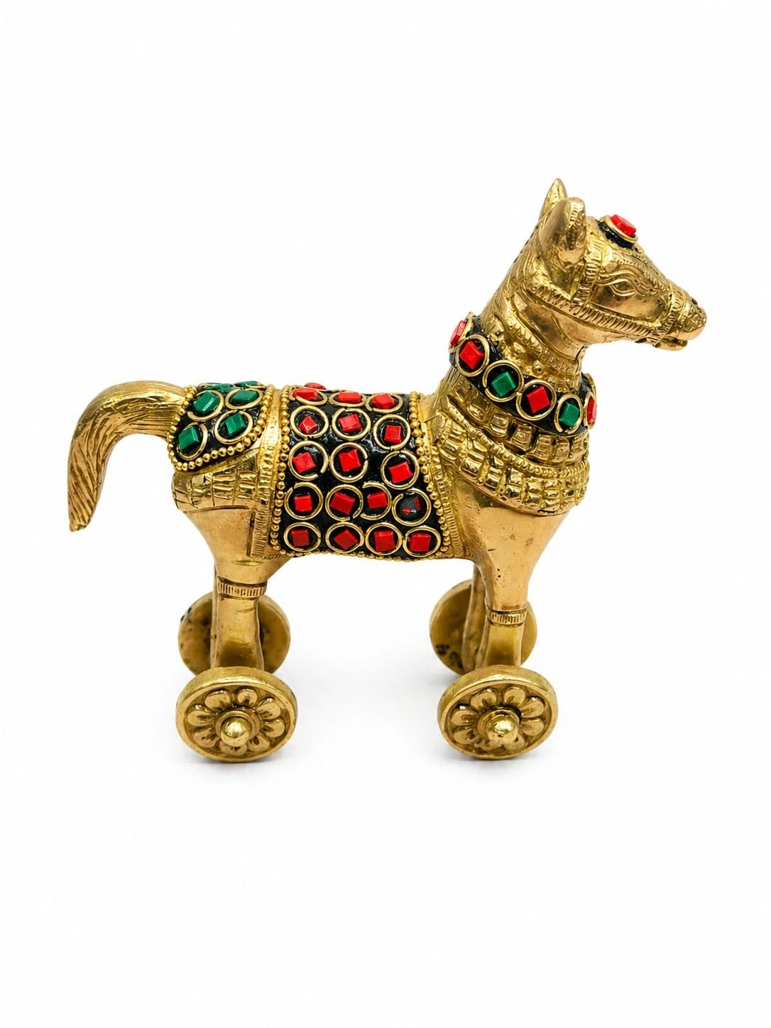 VM Store Brass Horse on Wheels Figurine, Gold, Gemstone Embellished, Traditional Indian Decor Showpiece (6x5 Inch)