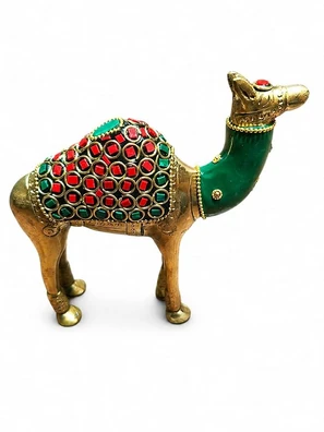 VM Store Brass Camel Figurine with Meenakari Work, Gold, Red and Green Stone Embellished, Decorative Showpiece
