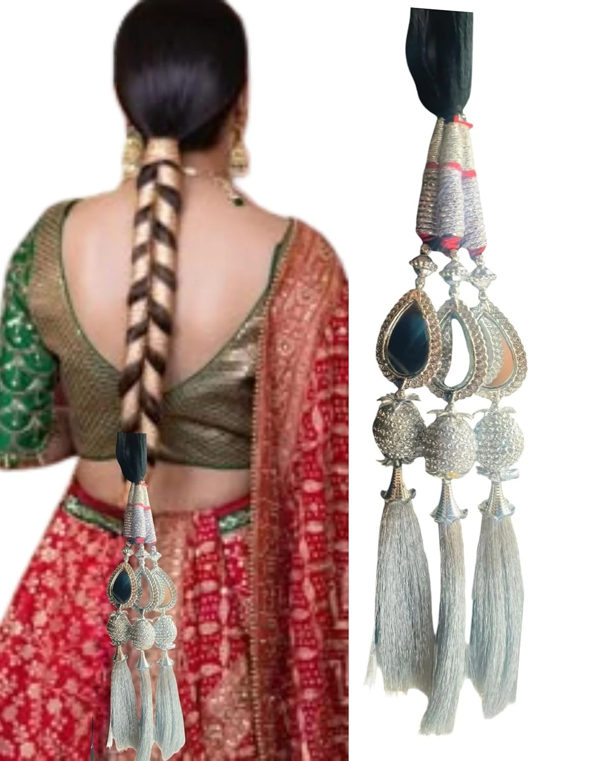 Girls & Women Hair Parandi | Ethnic Punjabi Paranda for Long Braid | Wedding & Festival Wear Traditional Paranda Hair Extension for Women, Silver, with Decorative Tassels and Beads, Bridal Choti Accessory