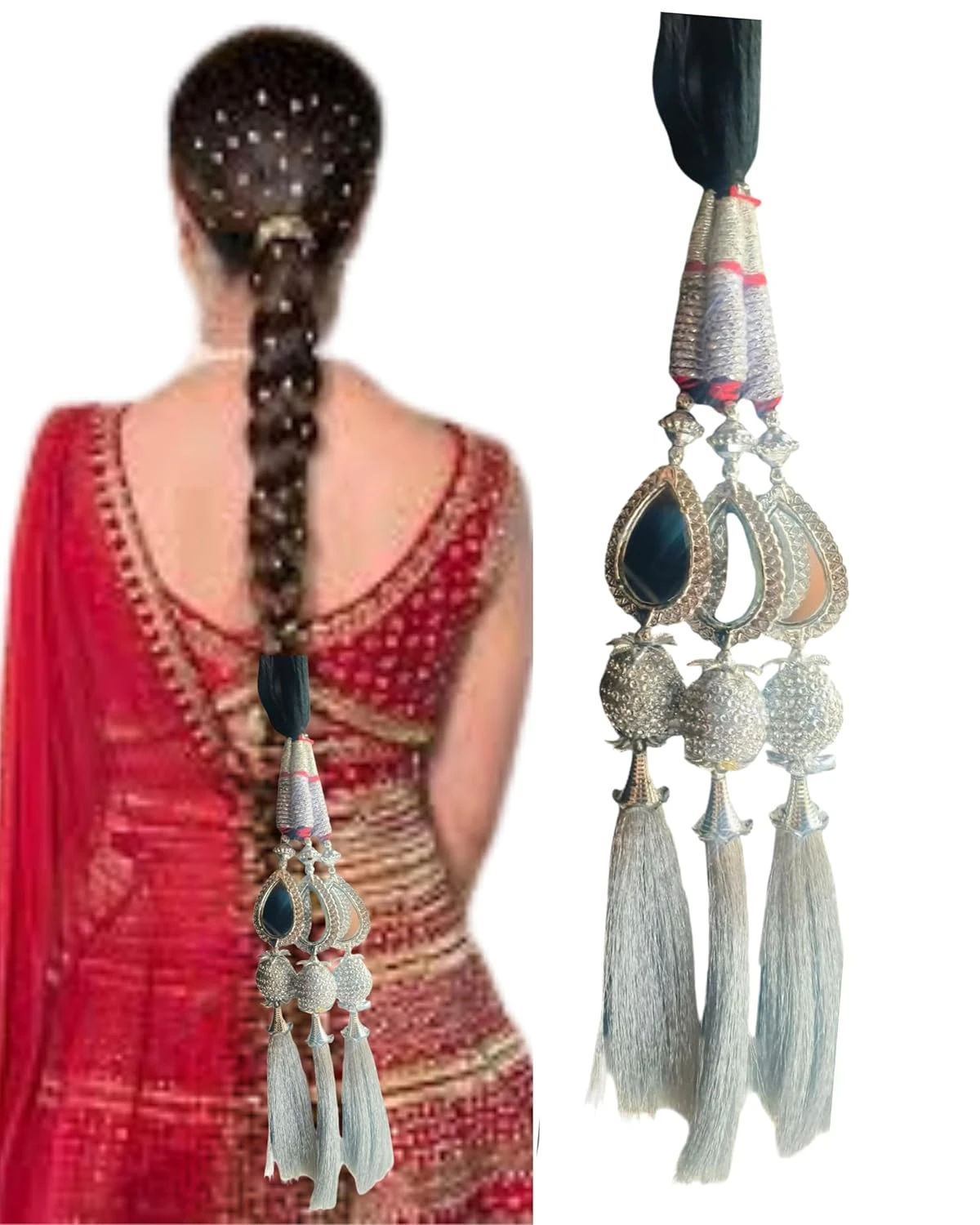 Traditional Hair Paranda, Silver, 60 cm Length, Decorative Choti Extension with Tassels and Beads for Women and Girls, Bridal Wedding Hair Accessory  Pack of 1