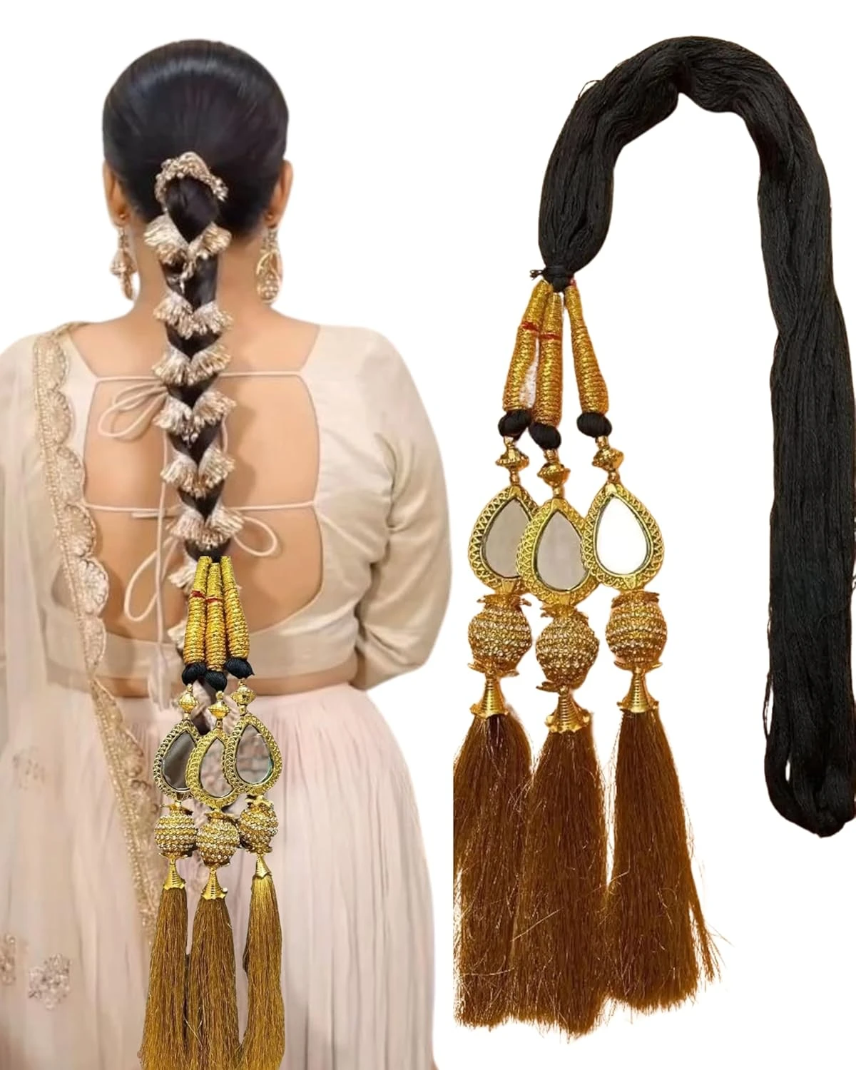 Heavy Lace Design Parandi with Golden Gotapatti Dori/Hair Extension/Braid Tassles/Patiala Shahi Paranda/Jadai Billai/Hair accessories Pack of 1