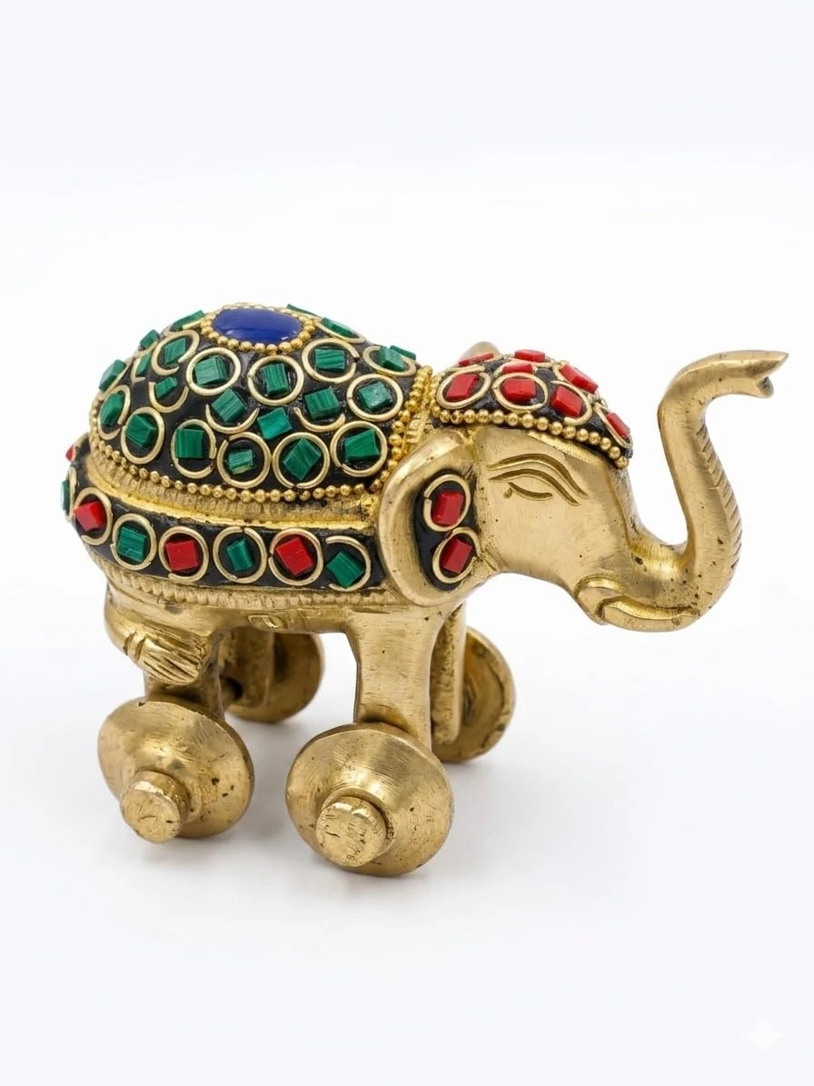 VM Store Brass Elephant Figurine on Wheels, Gold, Gemstone Embellished, Traditional Indian Decor | (3x4 Inch)