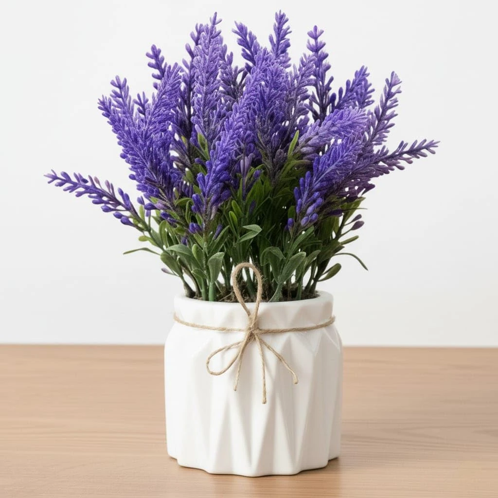 Artificial Lavender Plant in White Pot, 18cm – Realistic Faux Flower Arrangement for Home & Office Décor (Set of 1) (1, White Color Pot)