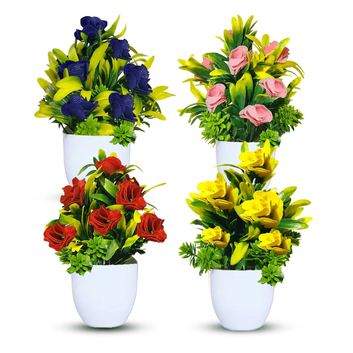 Artificial Flower Plants for Home Décor – Set of 4 Mini Potted Plants (7 Inch) in White Pots | Pink, Yellow, Red & Blue Faux Flowers for Living Room, Office, Indoor Outdoor Decoration