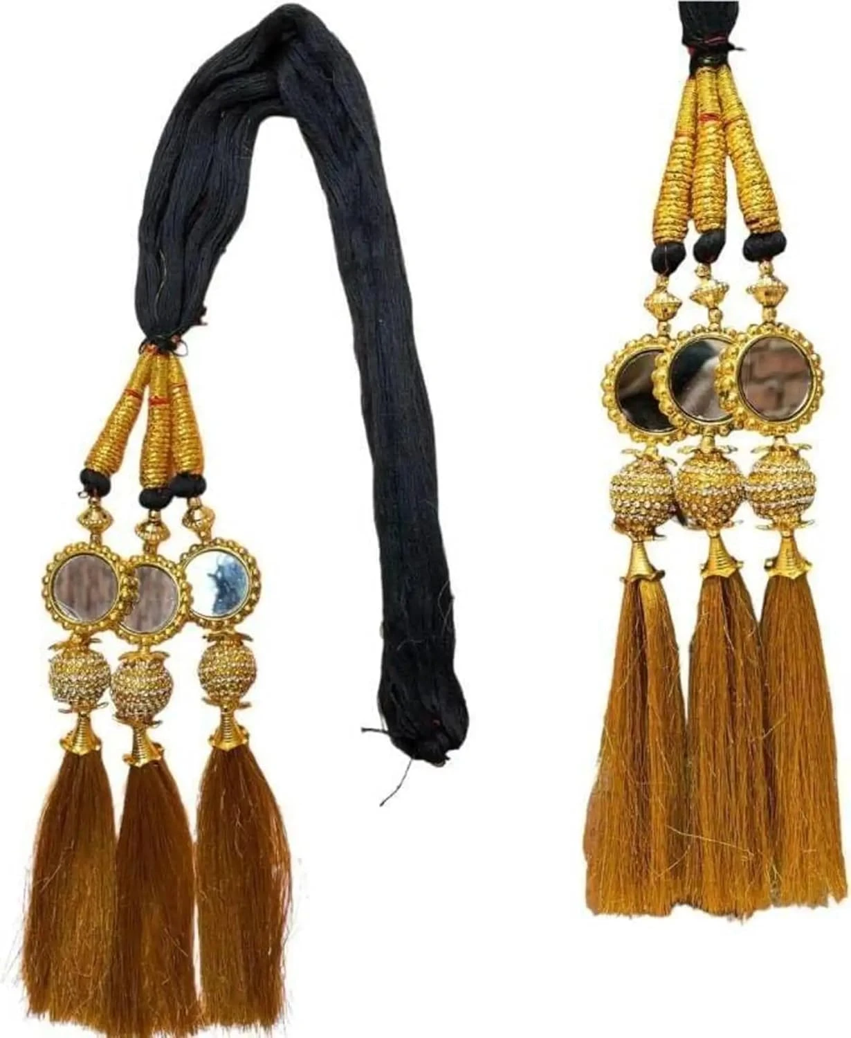 Wedding Special Hair Paranda for Girls Black Long Braid with Golden Tassels Traditional Paranda Hair Extension for Women and Girls, Gold Synthetic Braid with Tassels