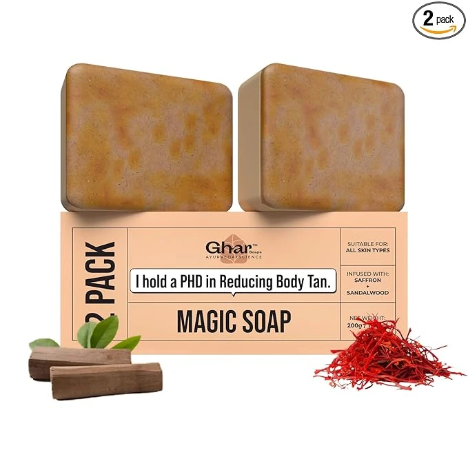 Sandalwood & Saffron Magic Soaps For Bath (100 Gms Pack Of 2) | Paraben Free | Chandan & Kesar Bath Soap | Handmade Soaps For Glowing | Skin Brightening Soap For Men & Women