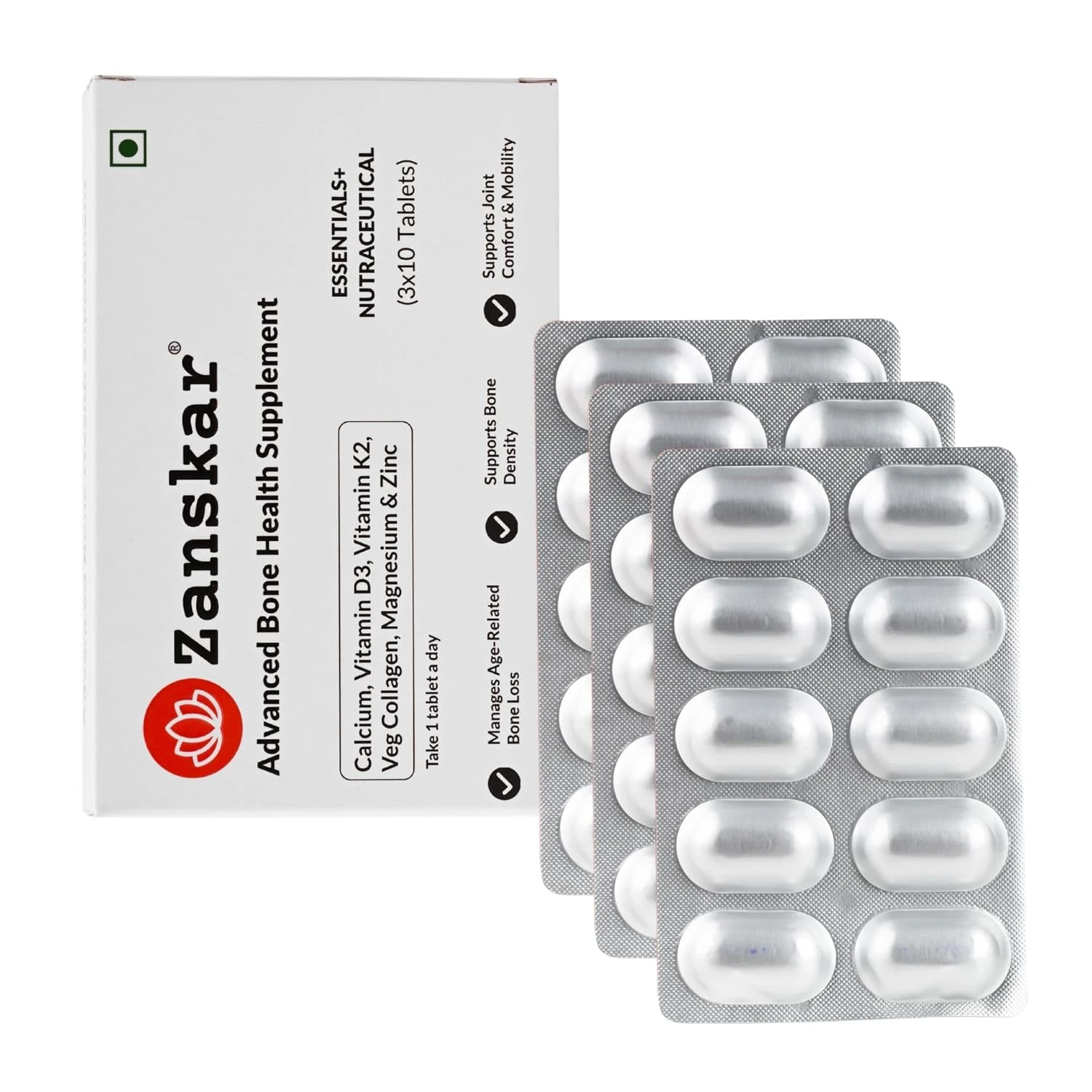 Zanskar Advanced Bone Repair Tablet (30 Tablets) | Calcium, Vitamin D3, Vitamin K2, Collagen, Magnesium & Zinc (1200mg) | 100% Veg | Bone Health and Joint Support