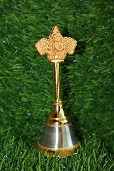 Golden Pooja Bell | Metal Hand Held Temple Bell Pooja Ghanti | Religious and Spiritual Home Decoration Item