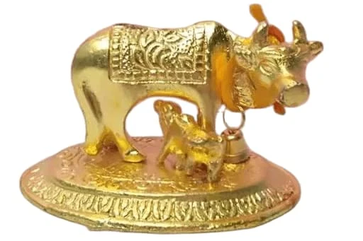 Kamdhenu Cow and Calf Golden Metal Oxidized Statue Spiritual Puja Murti for Home and Temple Decoration A Great Gift Item (Pack of 2)