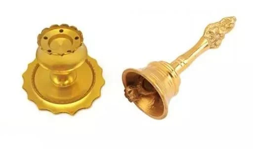 Antique Pooja Bells Brass Gold Ghanti, Hand Bell with Incense Holder Set for Pooja Mandir Handcrafted Puja Ghanti Home and Office Mandir Decor