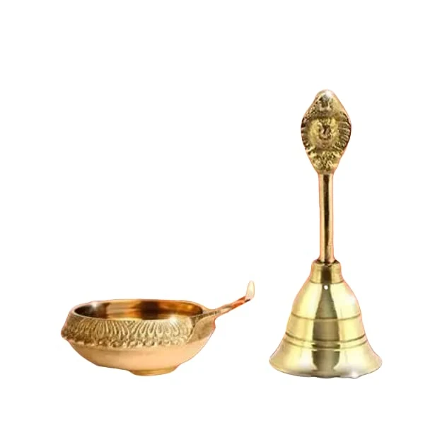 Antique Pooja Bells Brass Gold Garun Ghanti, Hand Bell with Kuber Diya for Pooja Mandir Handcrafted Puja Ghanti Home and Office Mandir Decor