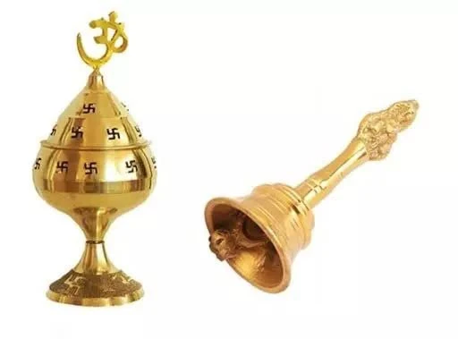 Antique Pooja Bells Brass Gold Garun Ghanti, Hand Bell with Akhand Diya for Pooja Mandir Handcrafted Puja Ghanti Home and Office Mandir Decor